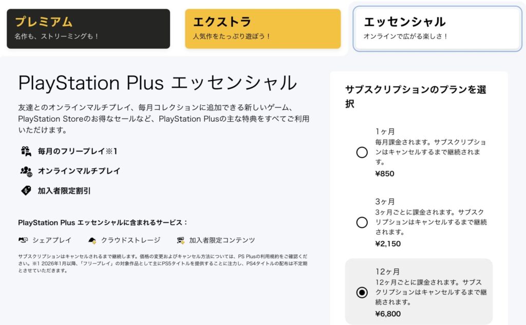 PS Plusの料金プラン