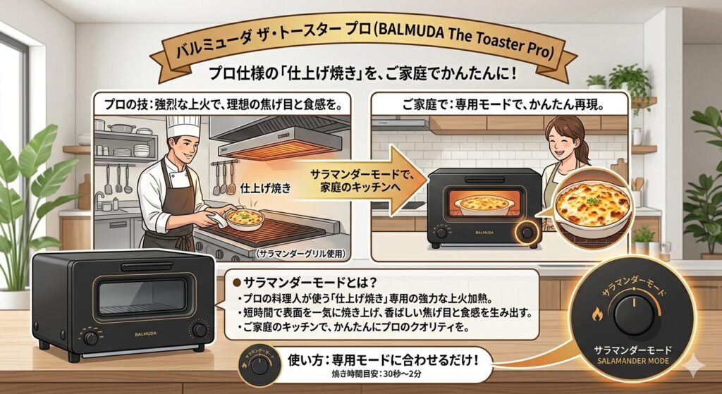 サラマンダーモードは、プロ仕様の「仕上げ焼き」を家庭のキッチンでかんたんに再現するための専用モード