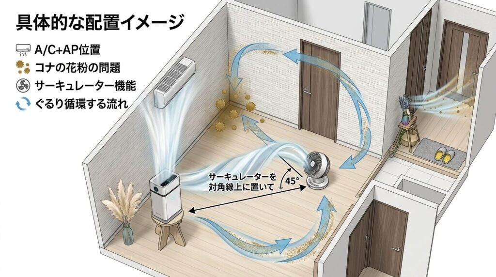サーキュレーターを併用すれば、部屋の隅にたまった花粉までしっかり集められます。