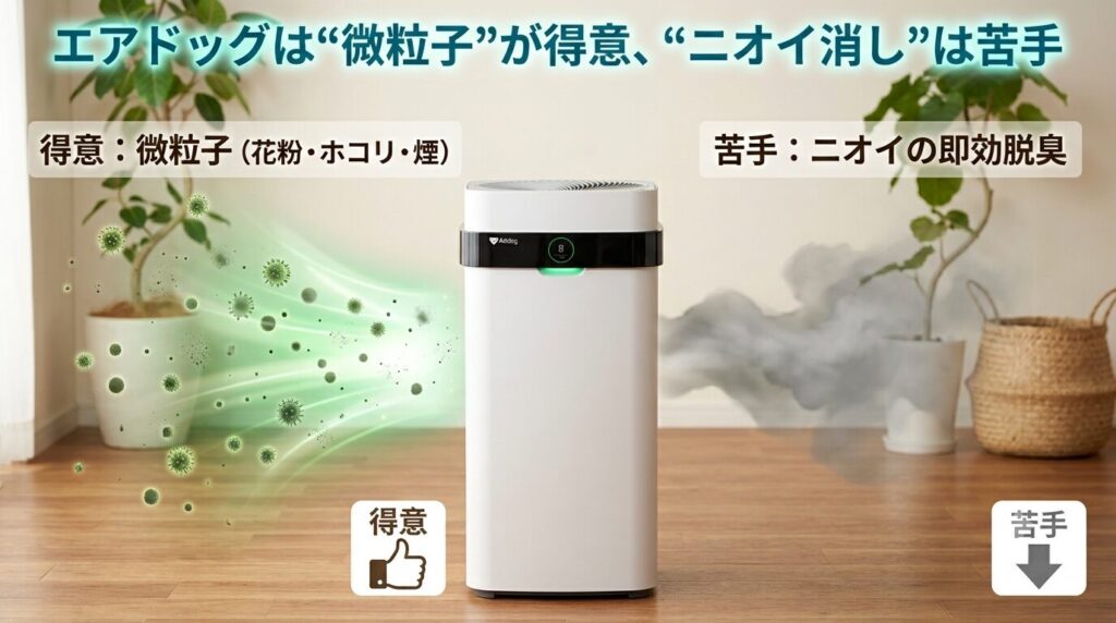 エアドッグは微粒子は得意、匂い消しは苦手