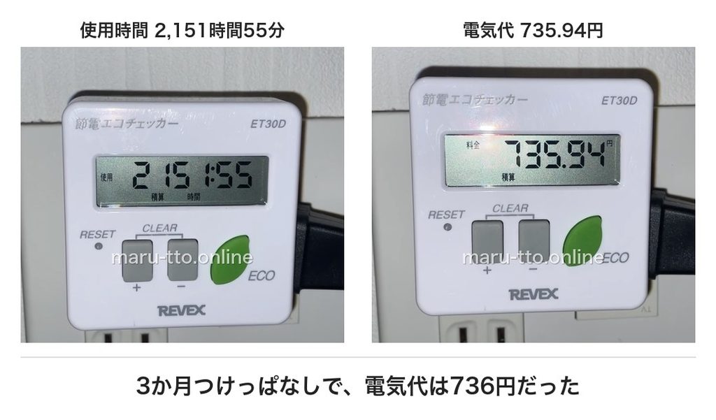 節電エコチェッカーの表示。Airdog X5Dを3か月つけっぱなしにした積算は2,151時間55分で電気代735.94円
