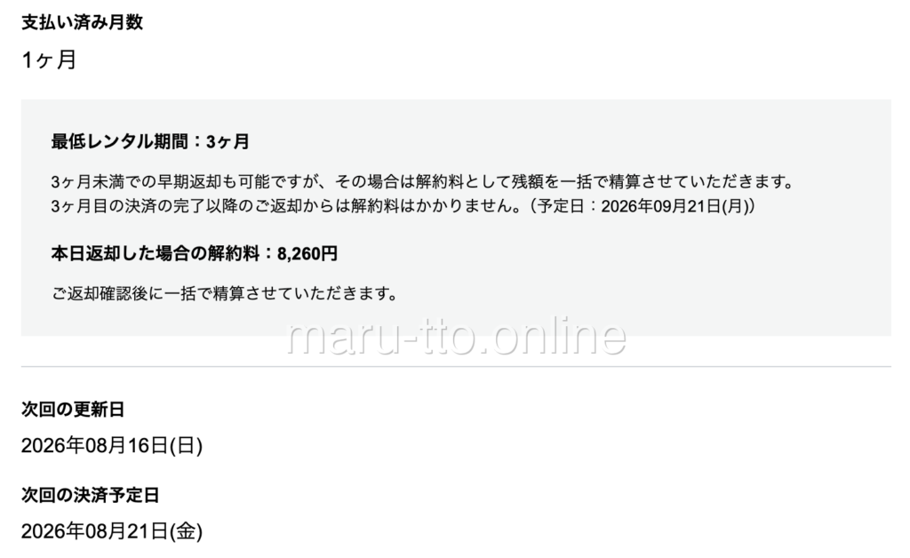 最低レンタル期間3か月・本日返却の解約料8,260円・更新日2026/8/16