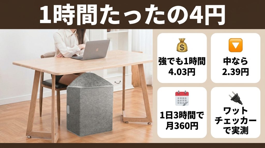 足元パネルヒーターの電気代は1時間たった4円