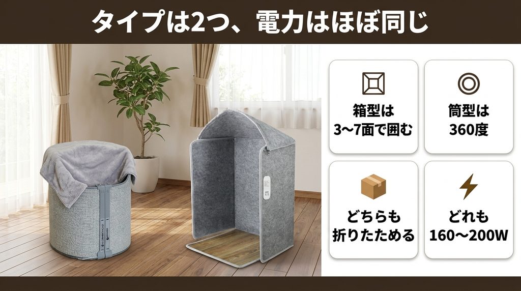 足元パネルヒーターのタイプは2つ電力はほぼ同じ